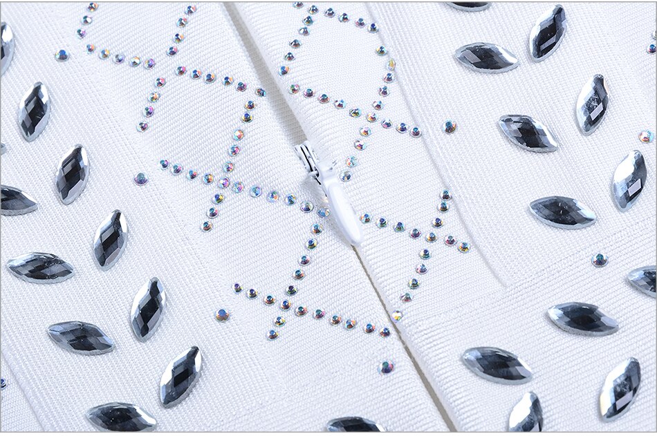 ADYCE Vestidos White Diamonds Studded Long Sleeve Bandage Runway Party Dress - H3476