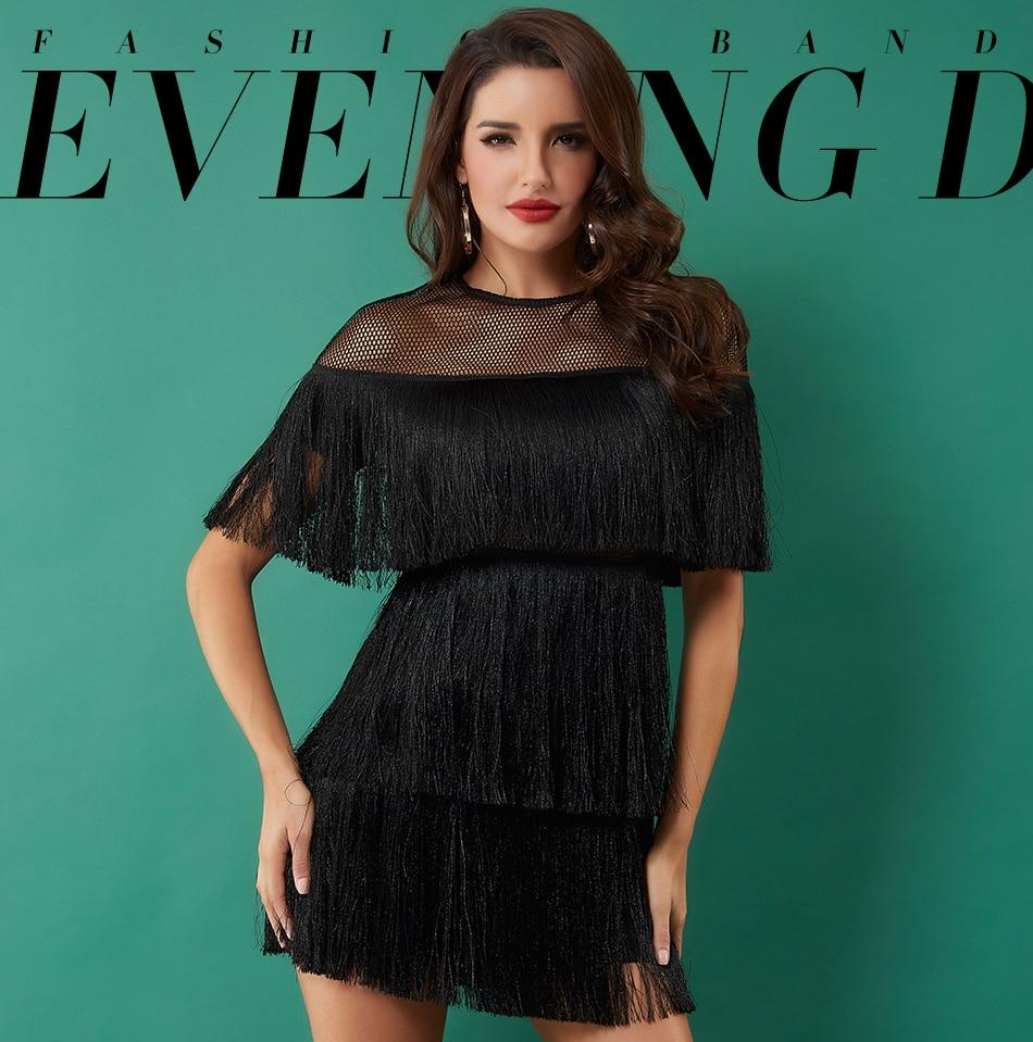 ADYCE Tassels Short Sleeve Mesh Sexy Hollow Out Fringe Celebrity Evening Party Dress - H3531
