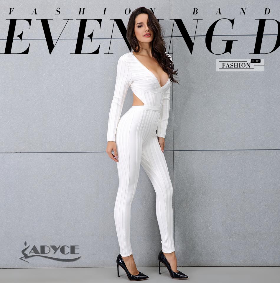 ADYCE White Long Sleeve V-neck Backless Fashion Party Runway Bandage Jumpsuit - H3314