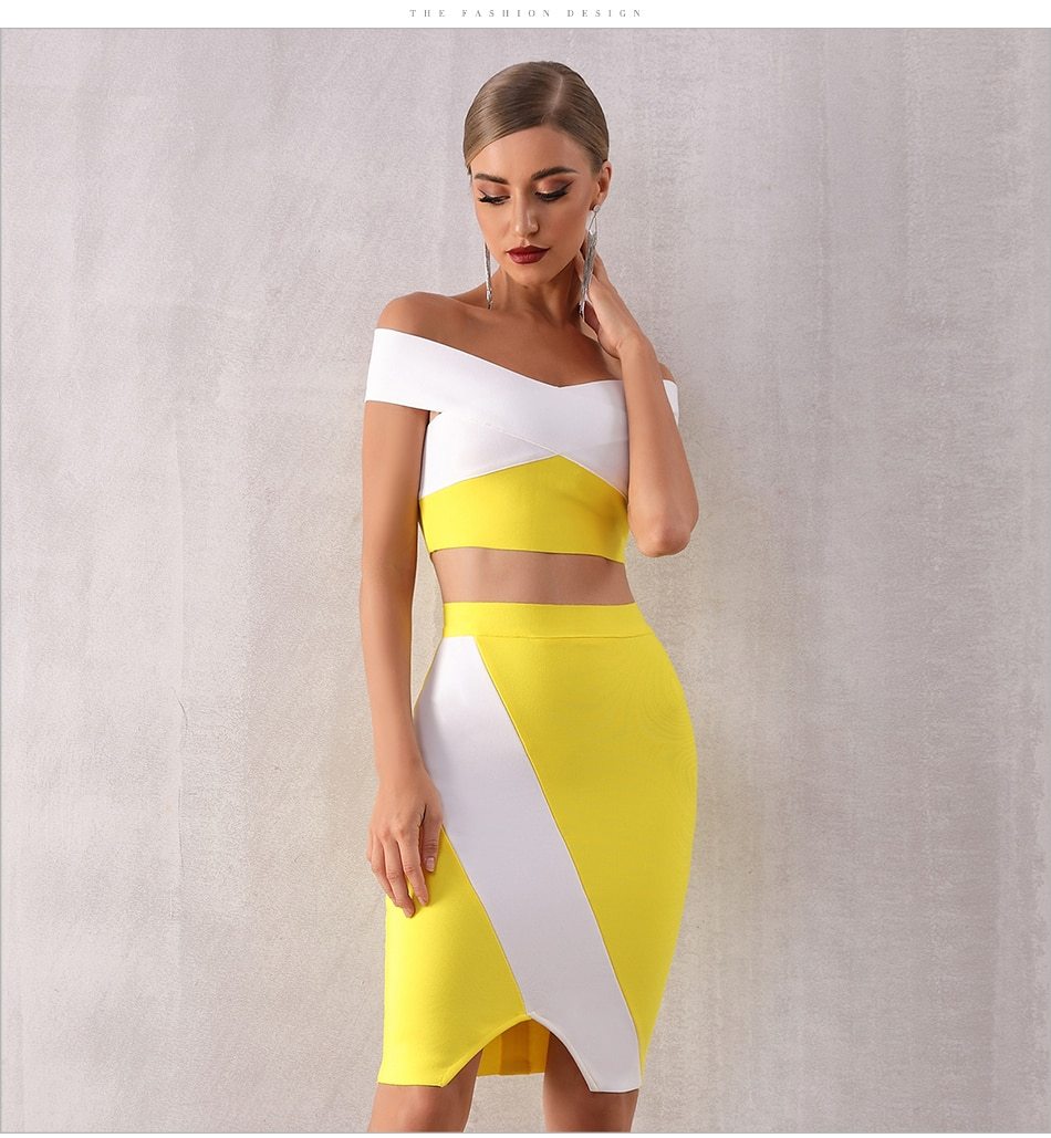 ADYCE Vestidos Bodycon Women Top & Skirts 2 Pieces Set Off Shoulder Evening Party Club Dress - H5163