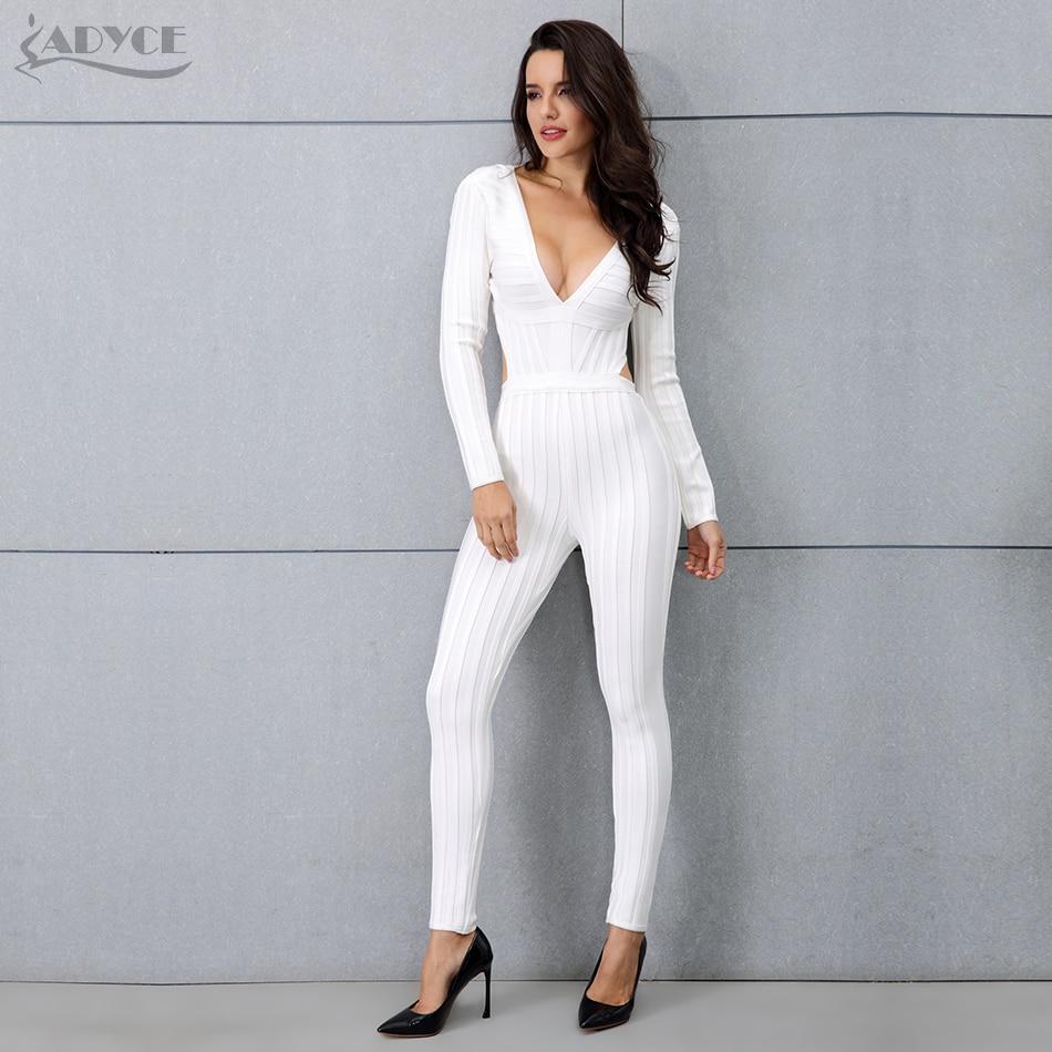 ADYCE White Long Sleeve V-neck Backless Fashion Party Runway Bandage Jumpsuit - H3314
