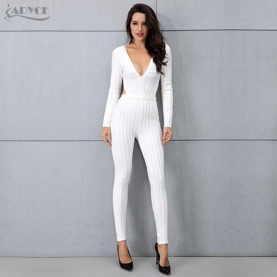 ADYCE White Long Sleeve V-neck Backless Fashion Party Runway Bandage Jumpsuit - H3314