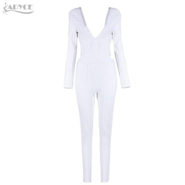 ADYCE White Long Sleeve V-neck Backless Fashion Party Runway Bandage Jumpsuit - H3314