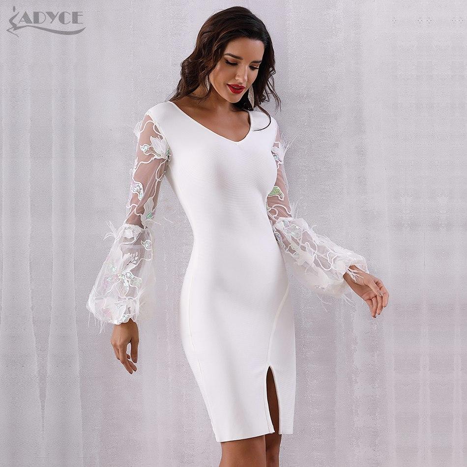 ADYCE Vestidos Sexy Feather Long Sleeve V Neck Midi Lace Runway Bandage Party Dress - H5245
