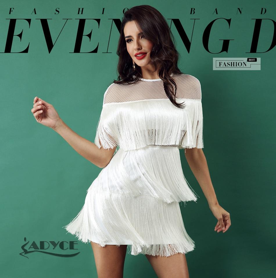ADYCE Tassels Short Sleeve Mesh Sexy Hollow Out Fringe Celebrity Evening Party Dress - H3531
