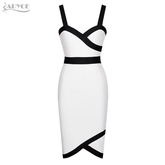 ADYCE Vestidos Sexy White & Black Spaghetti Strap Midi Bodycon Celebrity Party Dress - H5157
