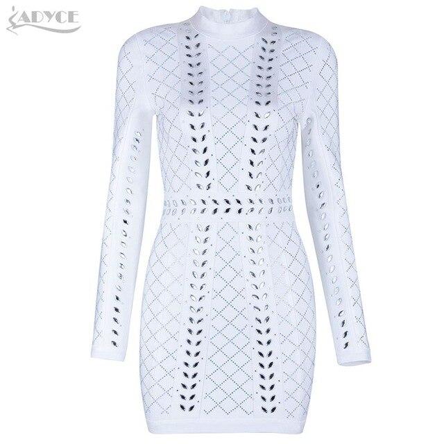 ADYCE Vestidos White Diamonds Studded Long Sleeve Bandage Runway Party Dress - H3476
